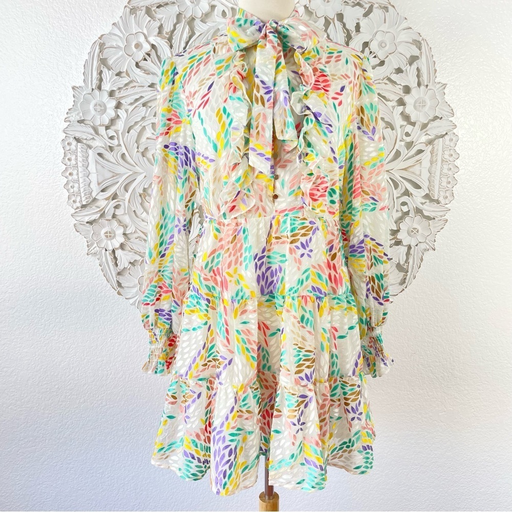 {C/MEO Collective} Set Up Ivory Burnout Velvet Long Sleeve Mini Dress, Size S/2